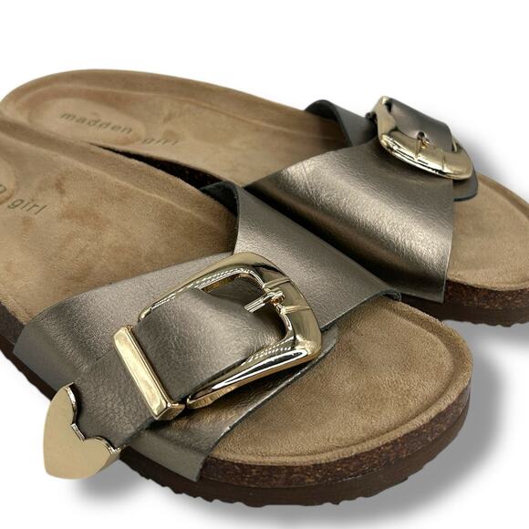 NEW Madden Girl Brookk Buckled Footbed Slides Size 6.5 Metallic Taupe Sandals - Picture 5 of 10